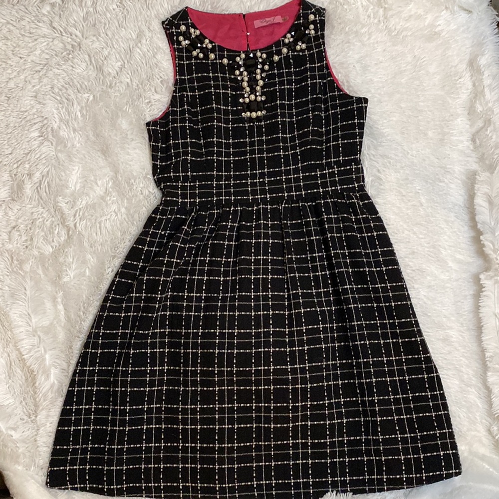 Eliza J Black & Pink Tweed Midi Dress with Embellished Neck